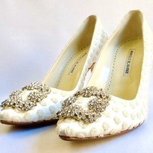 Manolo Blahnik Hangisi Textured Polka-Dot Crystal Buckle Pumps